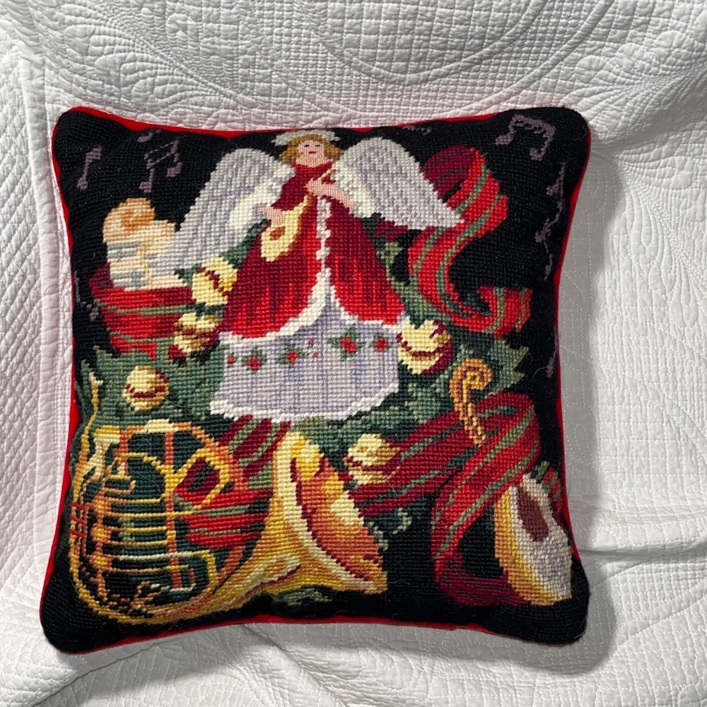 Christmas Angel Musical Instrument Pillow WOOL NEEDLEPOINT, RED velvet 14 x 14